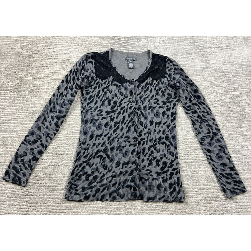 Covington Sweater Women Small Gray Animal Print Cardigan Long Sleeve Rayon Blend